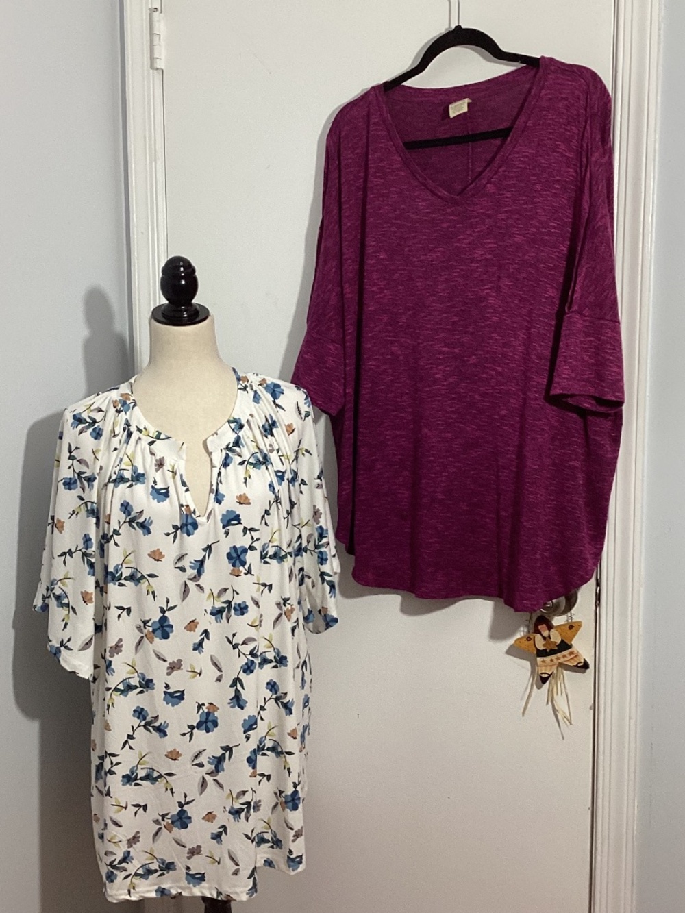 FADED GLORY 3X SET OF TWO TOP BLOUSES FLORAL & PLAIN BERRY SHORT SLEEVE CASUAL